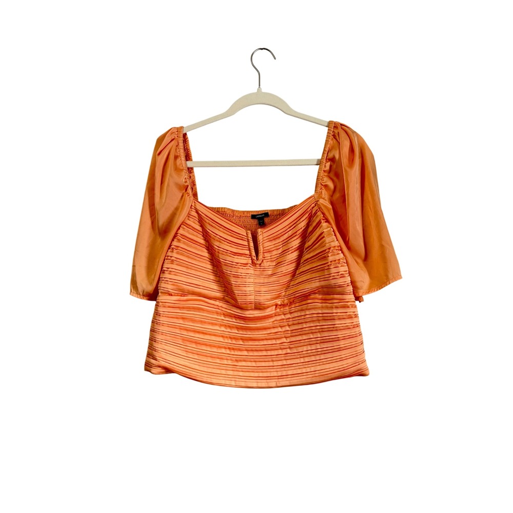Express Orange‎ Pleated Puff Sleeve Blouse Square Neck Smocked Back Top XL